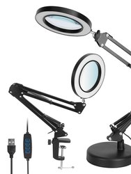 2-In-1 LED Magnifier Desk Lamp 8x With Light, Clamp Stand, Swing Arm, USB Reading Lamp. 10 Brightness, 3 Modes - Black