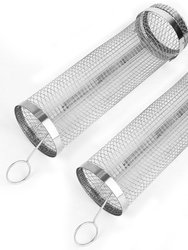 2 Pcs 3.42" x 11.61" Portable BBQ Rolling Basket Round Stainless Steel Grill Mesh Barbecue Net Tube