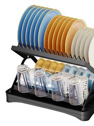 2 Tier Dish Drying Rack With Cup Holder Foldable Dish Drainer Shelf For Kitchen Countertop Rustproof Utensil Holder With Drainboard Black - Black