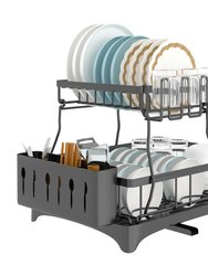 2-Tier Dish Drying Rack With Detachable Drainboard, Utensil Holder, Cup Rack & Swivel Spout - Kitchen Counter Organizer - Black