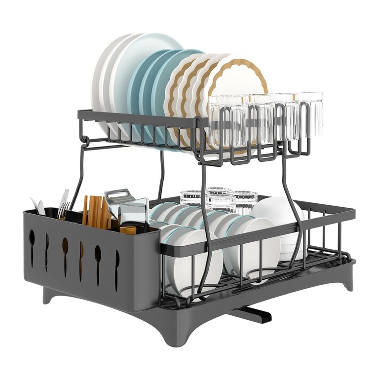2-Tier Dish Drying Rack With Detachable Drainboard, Utensil Holder, Cup Rack & Swivel Spout - Kitchen Counter Organizer - Black