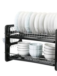 2-Tier Iron Drying Rack Set: Large Storage, Anti-Rust Drainer, Tableware & Cup Holder. Perfect for Kitchen Counter - Black