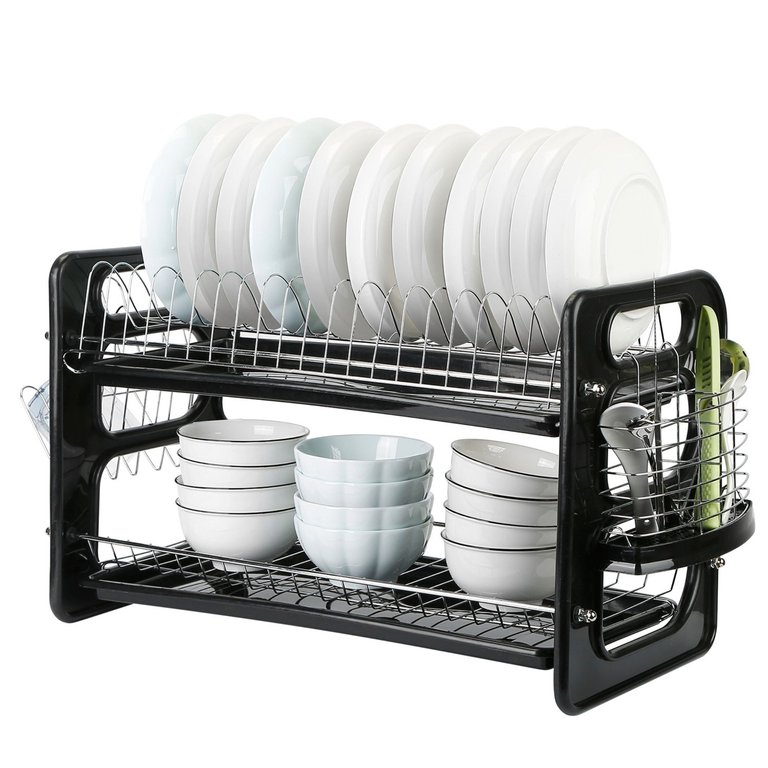 2-Tier Iron Drying Rack Set: Large Storage, Anti-Rust Drainer, Tableware & Cup Holder. Perfect for Kitchen Counter - Black