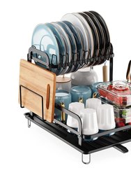 2-Tier Kitchen Dish Drying Rack With Detachable Drainboard - Rustproof Organizer Set incl. Utensil Holder. Space Saver - Black