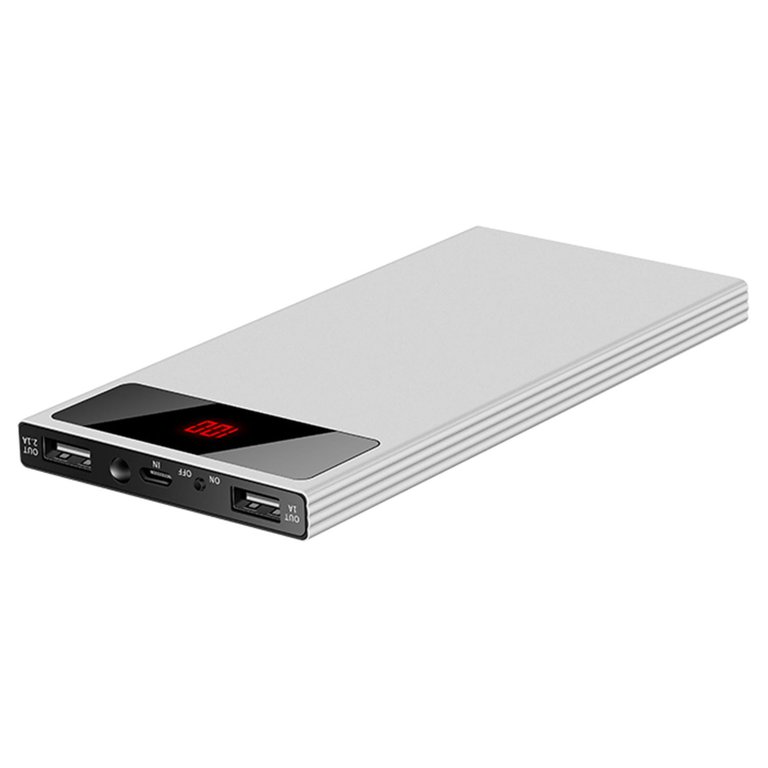 20K mAh Power Bank - Ultra-thin, Dual USB Ports, Flashlight, Battery Display - Silver