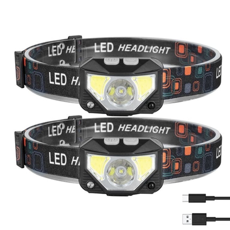 2Packs Rechargeable Motion Sensor Headlamp 6 Light Modes Headlight Torch Flashlight For Fishing Running Camping Hiking - Black