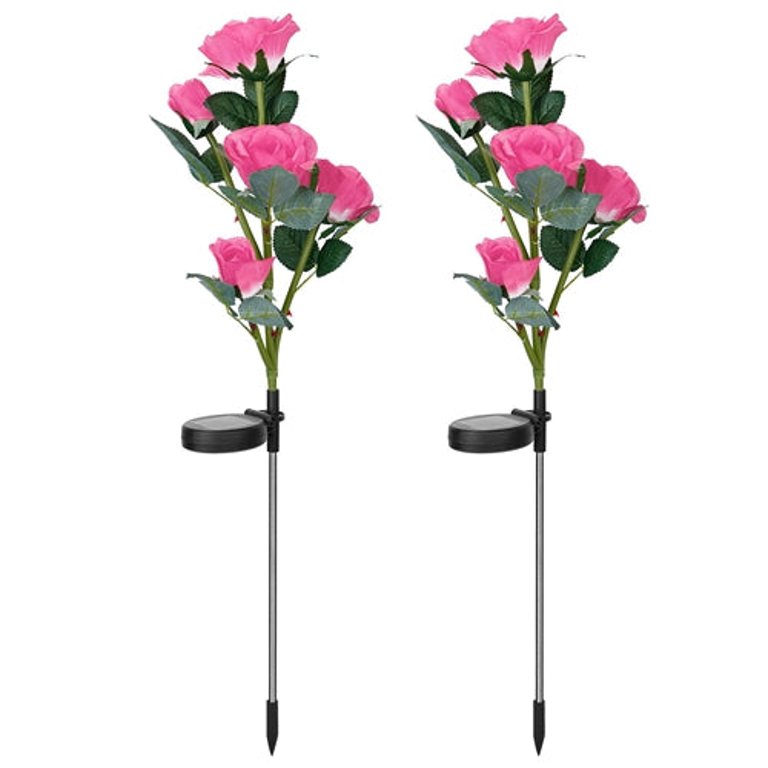2Pcs Solar Powered Lights Outdoor Rose Flower LED Decorative Lamp Water Resistant Pathway Stake Lights For Garden Patio Yard Walkway - Pink