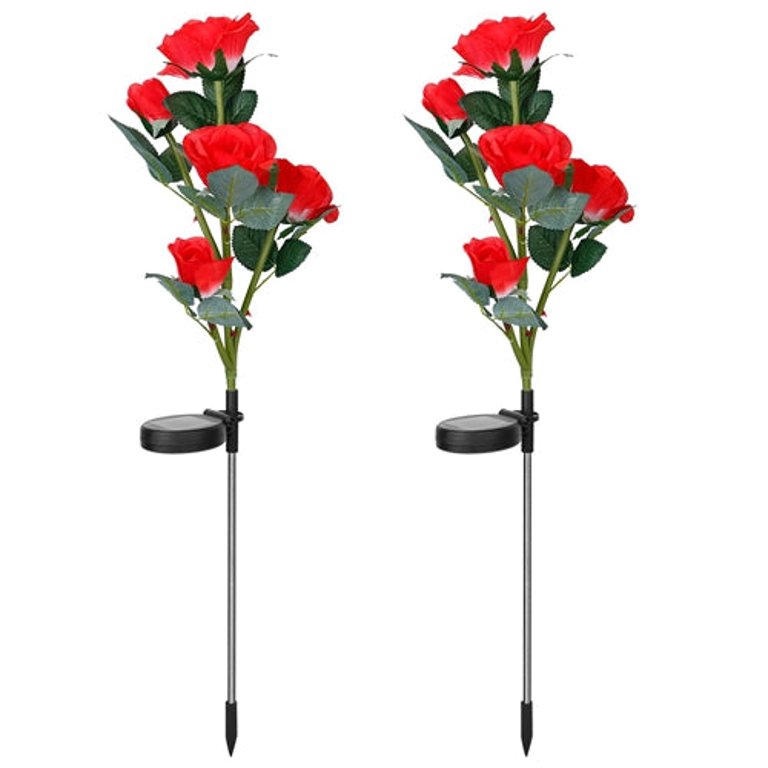 2Pcs Solar Powered Lights Outdoor Rose Flower LED Decorative Lamp Water Resistant Pathway Stake Lights For Garden Patio Yard Walkway - Red