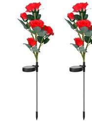 2Pcs Solar Powered Lights Outdoor Rose Flower LED Decorative Lamp Water Resistant Pathway Stake Lights For Garden Patio Yard Walkway - Red