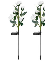 2Pcs Solar Powered Lights Outdoor Rose Flower LED Decorative Lamp Water Resistant Pathway Stake Lights For Garden Patio Yard Walkway - White