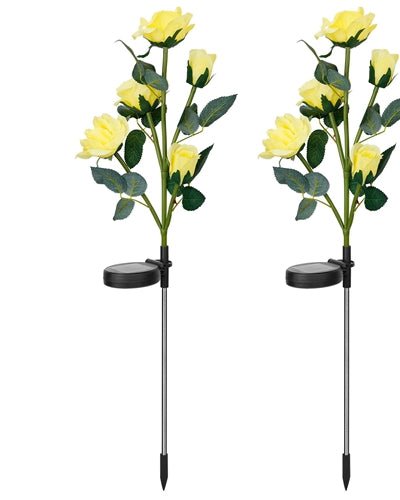 Fresh Fab Finds 2Pcs Solar Powered Lights Outdoor Rose Flower LED Decorative Lamp Water Resistant Pathway Stake Lights For Garden Patio Yard Walkway - Yellow product