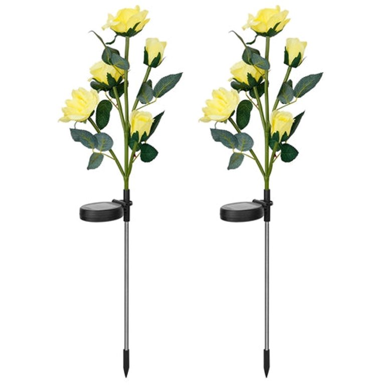 2Pcs Solar Powered Lights Outdoor Rose Flower LED Decorative Lamp Water Resistant Pathway Stake Lights For Garden Patio Yard Walkway - Yellow