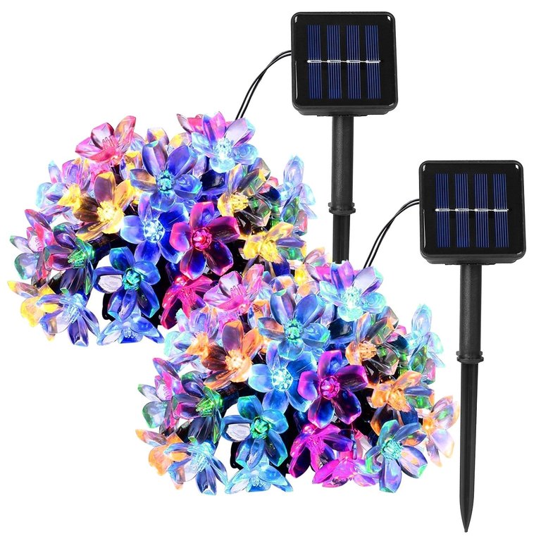 2Pcs Solar Powered String Lights 50LED Beads Fairy Sakura Flower Blossom Lights IP65 Waterproof Colorful Decorative Party Christmas Tree Lamps