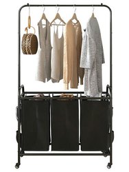 3 Bags Laundry Sorter With Garment Hanging Bar Laundry Hamper Rolling Cart Laundry Basket Organizer With Lockable Wheels 3 Removable Bags - Black