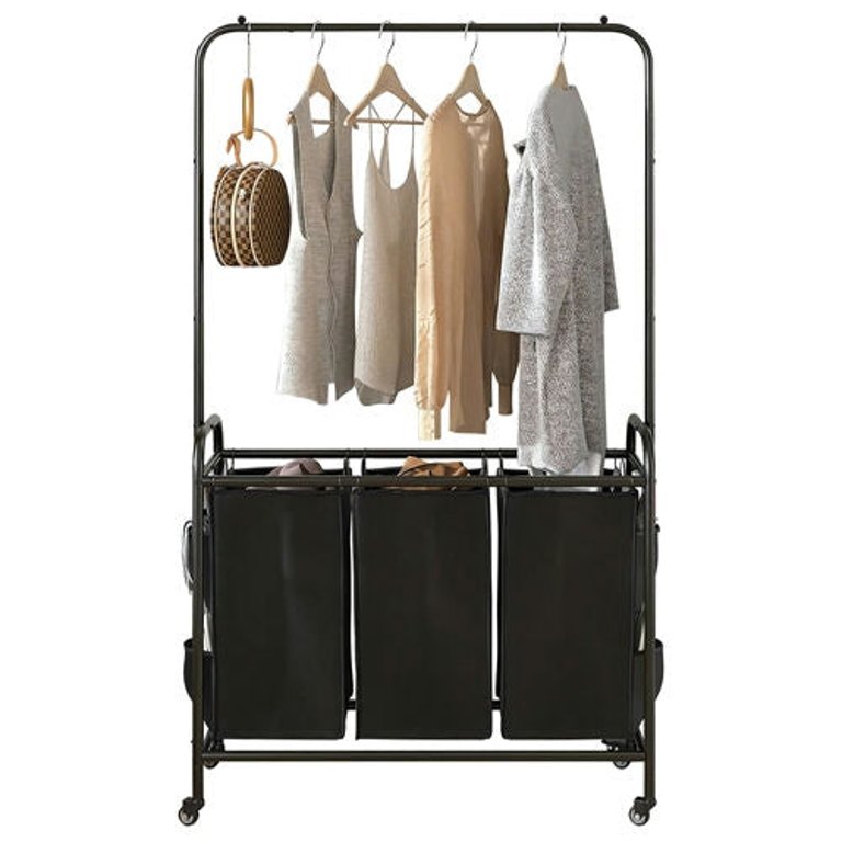3 Bags Laundry Sorter With Garment Hanging Bar Laundry Hamper Rolling Cart Laundry Basket Organizer With Lockable Wheels 3 Removable Bags - Black