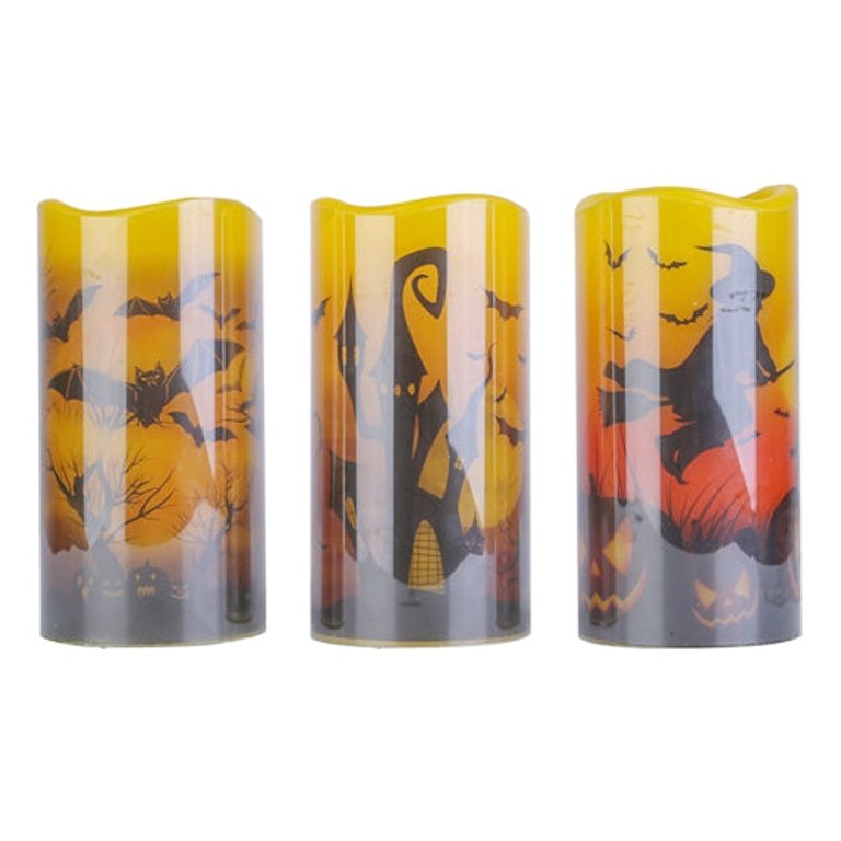 3 Pack Halloween Flameless Candle Lamp with Timer Setting Battery Operated Warm Orange Light Candles for Halloween Party Decoration Witch Bat Castle