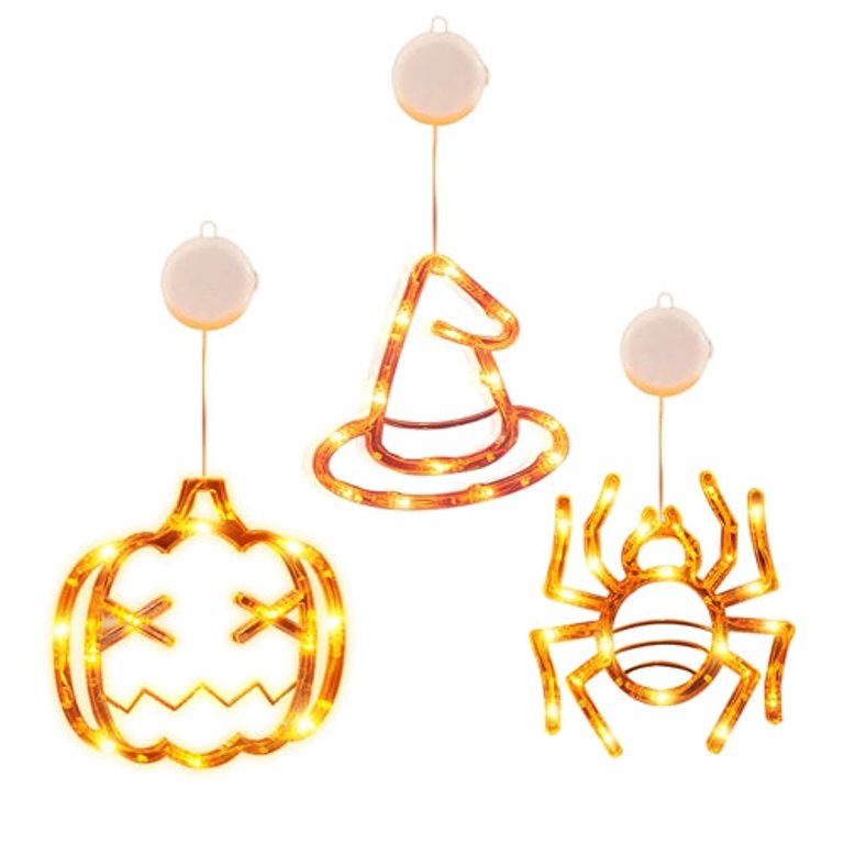 3 Pack Halloween Window Light Spider Witch Hat Pumpkin With Orange Light Hanging Halloween Decoration Light With Suction Cup Hanging Holes