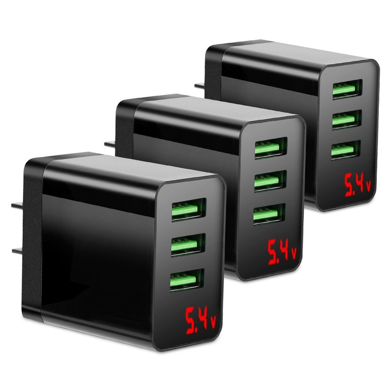 3-Pack USB Wall Charger: 3-Port Hub For Samsung Galaxy, iPhone, Tablet - Black - 3-Port