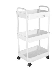 3 Tier Rolling Utility Cart Movable Storage Organizer With Drawer Lockable Wheels 360 Degree Rotatable Hallow Design - White