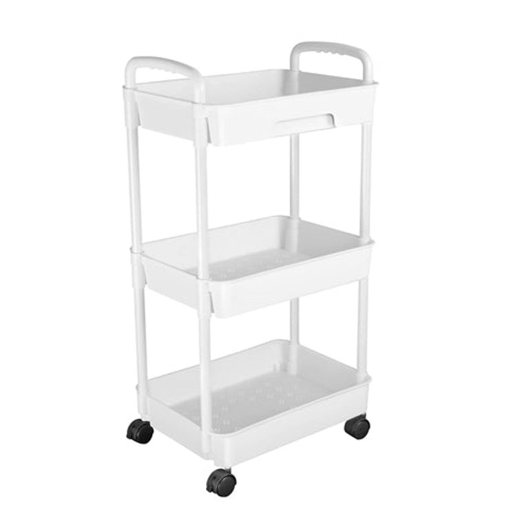 3 Tier Rolling Utility Cart Movable Storage Organizer With Drawer Lockable Wheels 360 Degree Rotatable Hallow Design - White