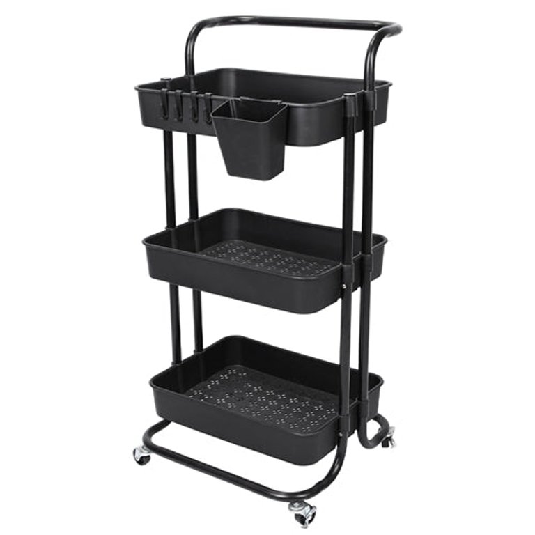 3 Tier Rolling Utility Cart Movable Storage Organizer with Mesh Baskets Lockable Wheels 360 Degree Rotatable Hanging Box Hooks - Black