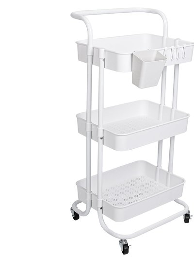Fresh Fab Finds 3 Tier Rolling Utility Cart Movable Storage Organizer With Mesh Baskets Lockable Wheels 360 Degree Rotatable Hanging Box Hooks - White product