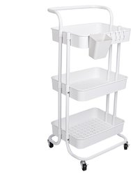 3 Tier Rolling Utility Cart Movable Storage Organizer With Mesh Baskets Lockable Wheels 360 Degree Rotatable Hanging Box Hooks - White