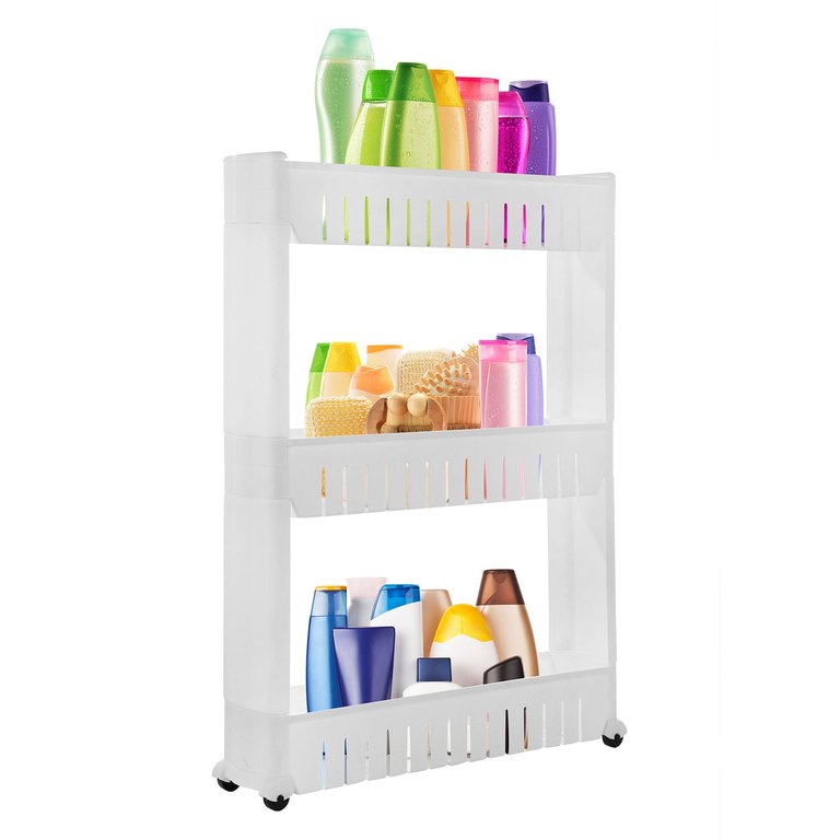 3 Tiers Slim Storage Cart Mobile Rolling Shelf Unit Narrow Space Shelf For Kitchen Bathroom Pantry Laundry Garage Office - White - 3-Tier