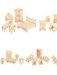 3D Wooden Dollhouse Furniture Puzzles DIY Miniature Furniture Models Set
