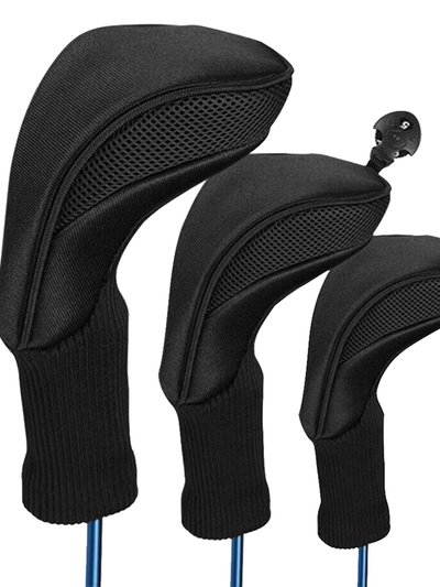Fresh Fab Finds 3Pcs Long Neck Mesh Golf Club Head Covers Set Long Knit Protection Cover With Interchangeable No. Tags Fit For Fairway Driver Woods - Black product