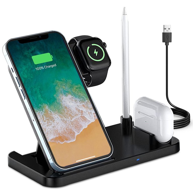 4-In-1 Foldable Wireless Charger: Fast Charging Station For iWatch, Apple Pencil, Airpod, iPhone, Samsung - Black