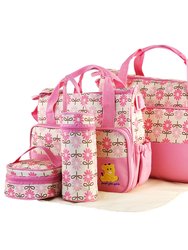5PCS Baby Nappy Diaper Bags Set Mummy Diaper Shoulder Bags With Nappy Changing Pad Insulated Pockets Travel Tote Bags For Mom Dad - Pink