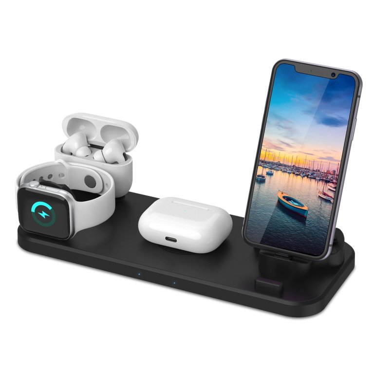 6-in-1 Qi Wireless Charger: Fast Charging Station For iWatch, Airpods, and iOS/Android Devices - Black