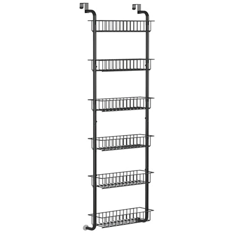 6 Tier Over Door Pantry Organizer Hanging Hooks Door Storage Rack Carbon Steel Basket 62.99" Over Door Shelf for Kitchen Bathroom - Black