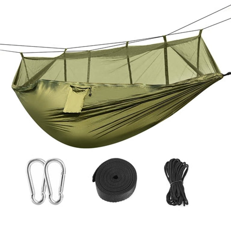 600lbs Load 2 Persons Hammock With Mosquito Net Outdoor Hiking Camping Hommock Portable Nylon Swing Hanging Bed With Strap Hook Carry Bag - Green