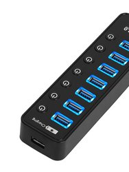 7 Port USB 3.0 Data Hub With Power Adapter - High Speed Sync, On/Off Switches - Black
