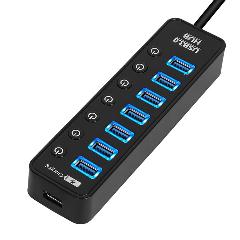 7 Port USB 3.0 Data Hub With Power Adapter - High Speed Sync, On/Off Switches - Black