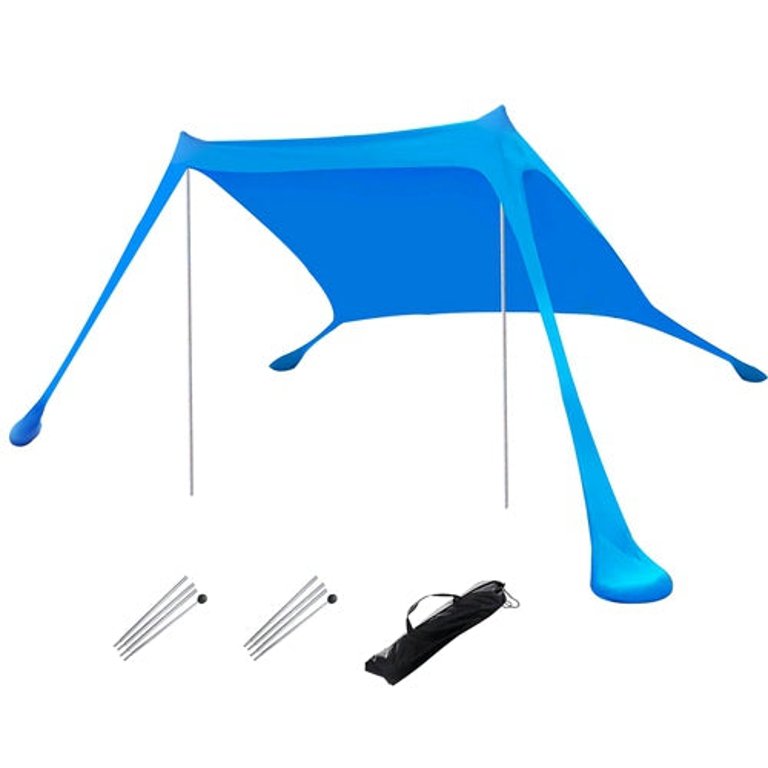 9.8 x 9.8ft Foldable Beach Canopy Tent Collapsible Shade Sail Sun Protection Windproof Shelter 4 Sandbag 2 Pole Portable Storage Bag Rectangle - Blue