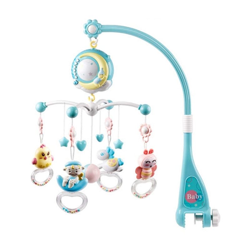 Baby Musical Crib Bed Bell Rotating Mobile Star Projection Nursery Light Baby Rattle Toy With Music Box Remote Control - Blue