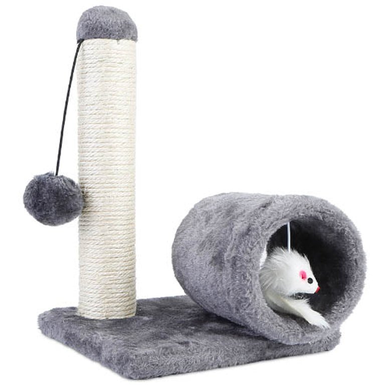 Cat Scratching Post Cat Kitten Sisal Scratch Post Toy With Tunnel & Lifelike Mouse Toy Pet Activity Play Fun - Gray