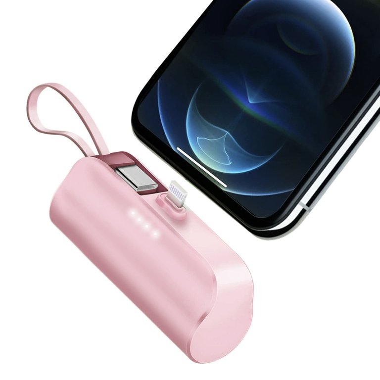 Compact 5000mAh Power Bank With Type-C & IOS Cable - Dual Output, Compatible With IOS & Samsung - Pink