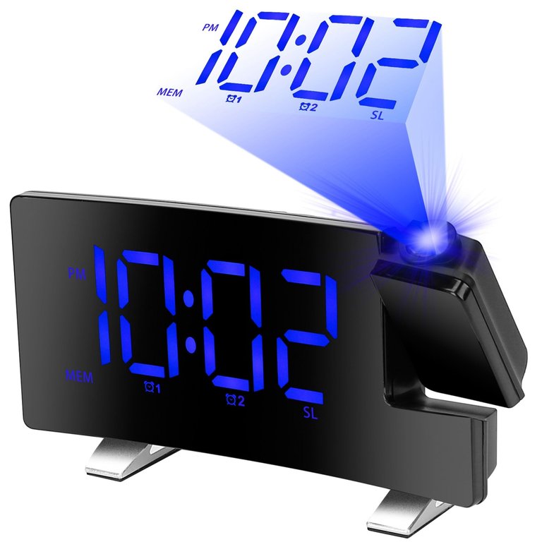 Curved-Screen Projection Alarm Clock: Dual Alarms, USB Charging, 4 Dimmer, 180° Rotation - Blue