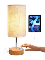 Dimmable 3-Way Touch Table Lamp, Bedroom Nightstand Light With USB Ports & LED Bulb - Wood
