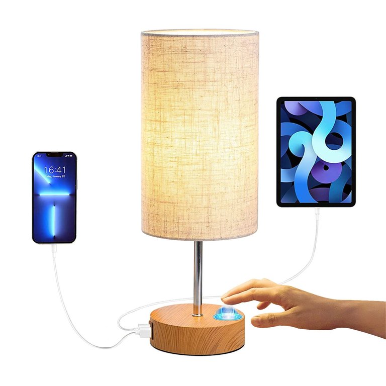 Dimmable 3-Way Touch Table Lamp, Bedroom Nightstand Light With USB Ports & LED Bulb - Wood