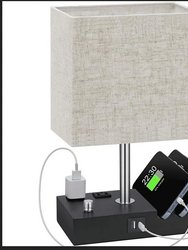 Dimmable Table Lamp With USB Ports & Power Outlets - Ideal For Bedroom & Living Room - LED Bulb Included - Black