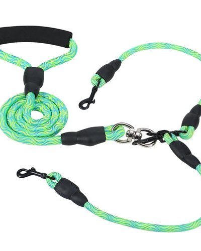 Fresh Fab Finds Double Dogs Leash No-Tangle Dogs Lead Reflective Dogs Walking Leash With Swivel Coupler Padded Handle - Green product