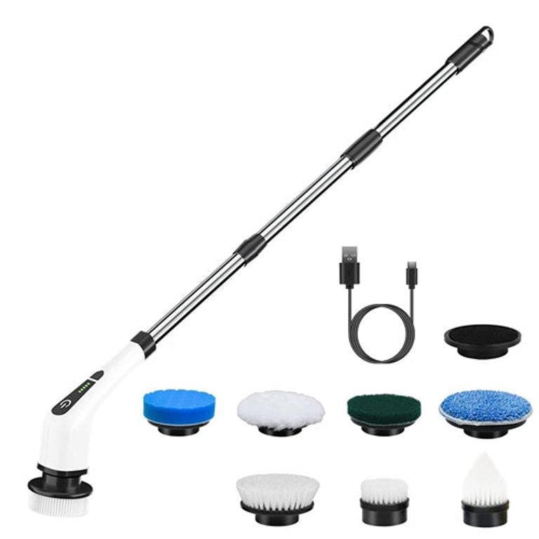 Electric Spin Scrubber Cordless Rechargeable Telescopic Cleaning Brush 8 Replaceable Heads 2 Speed Adjustable Extension Arm Bathroom Tub Tile Floor