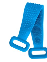 Exfoliating Silicone Body Scrubber Belt With Massage Dots - Shower Strap Brush With Adhesive Hook - Blue