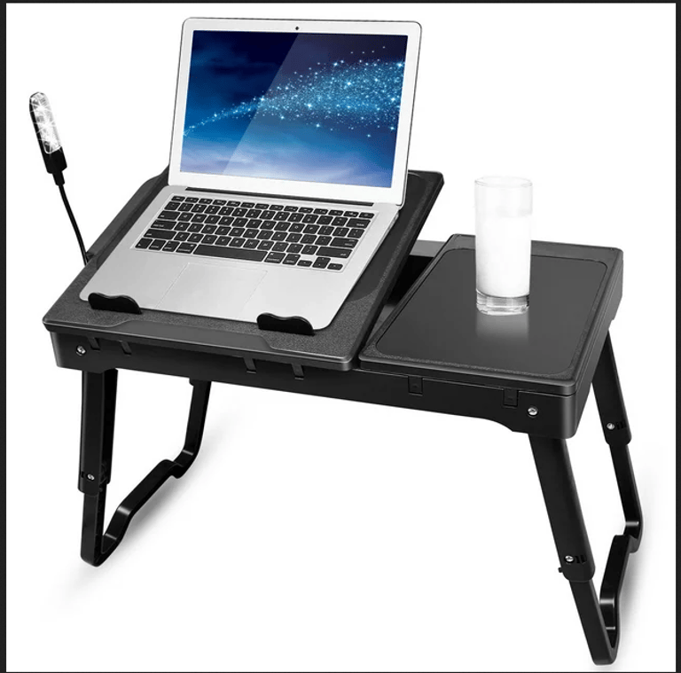 Foldable Laptop Table Bed Desk With Cooling Fan Mouse Board LED 4 USB Ports Snacking Tray With Storage For Home Office - Black
