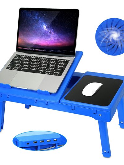 Fresh Fab Finds Foldable Laptop Table Bed Desk With Cooling Fan Mouse Board LED 4 USB Ports Snacking Tray With Storage For Home Office - Blue product